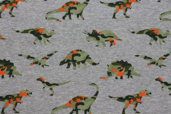 Sommersweat grau meliert mit orange-grünen Dinosauriern